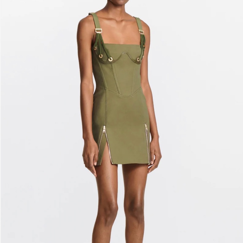 Dion Lee Fan Lace Zip Mini Dress, US Size 0 in Olive, New with Tags